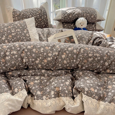 Brown White Korean Vintage Floral Duvet Cover Set, 100% Cotton Bedding Set